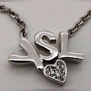YSL Yves Saint Laurent Rhinestone Heart Silver Necklace Choker Jewelry Authentic